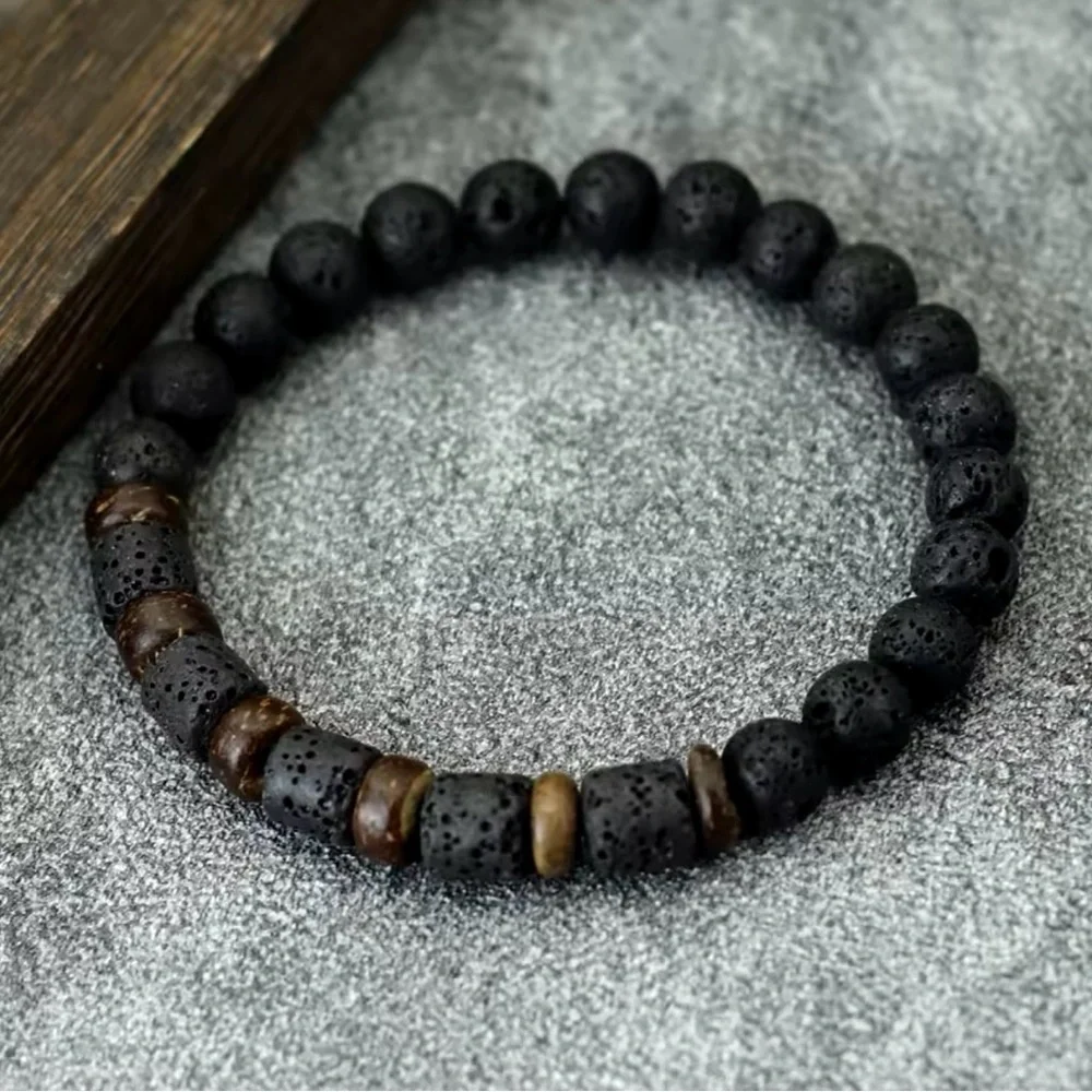 Mens Wood Bracelet Natural Volcanic Beads